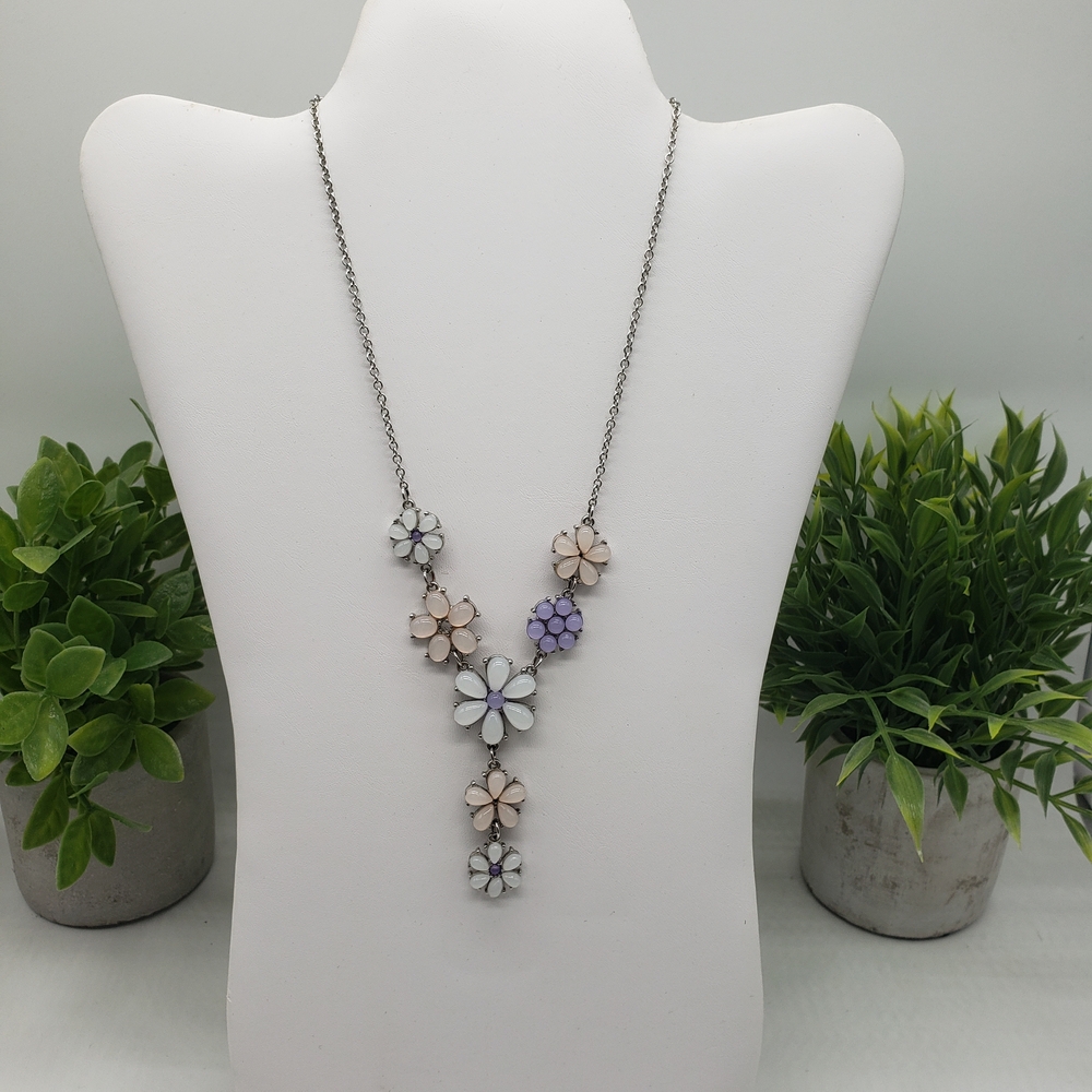 Pink, White and Purple Floral Cluster Silver Tone Necklace